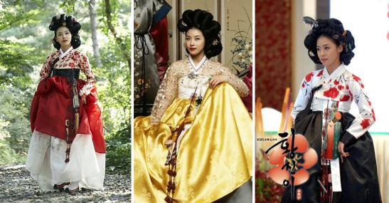 Quelques unes des magnifiques tenues portées par Ha Ji Won dans le drama. Selon la légende, la véritable Hwang Jin Yi portait plutôt des tenues simples et très peu de maquillage, pour mieux faire ressortir sa beauté en comparaison des autres GiSaeng.
